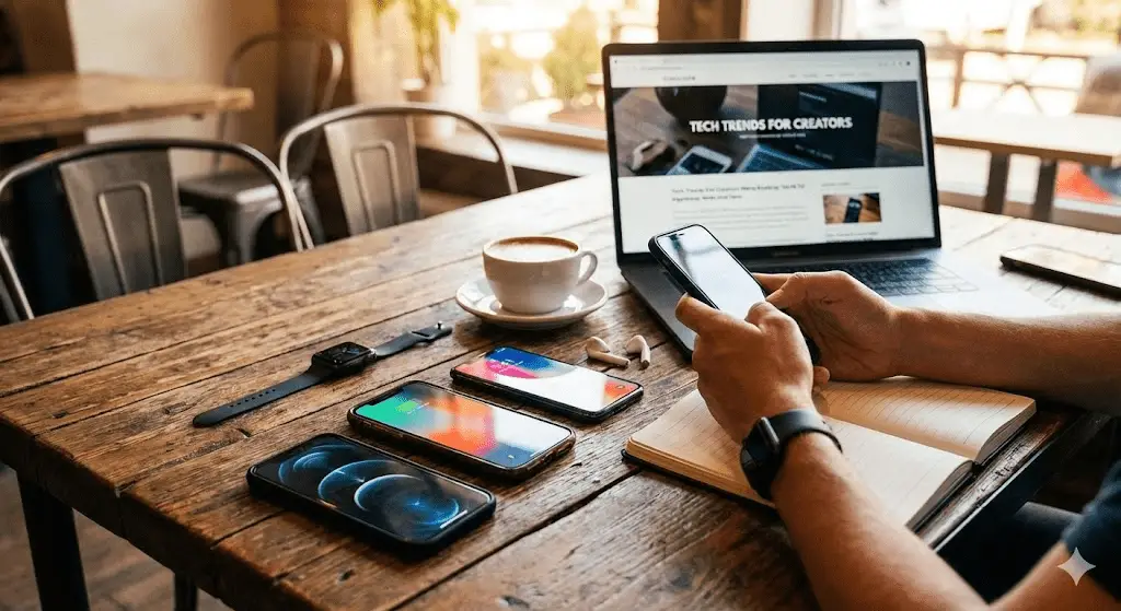 Mesa com diversos Celulares, um relógios e um computador