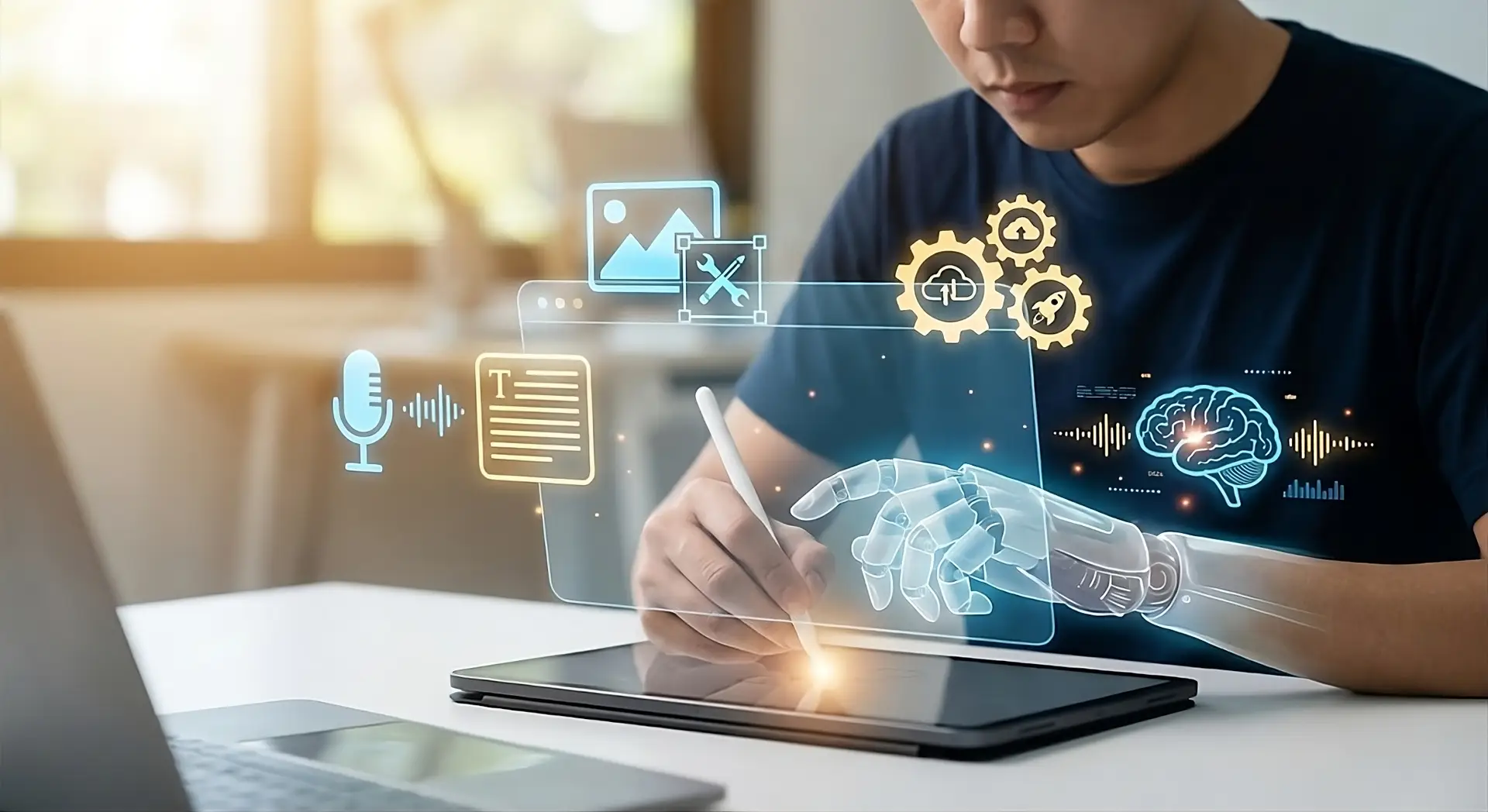 Imagem representando o homem e a IA trabalhando em conjunto